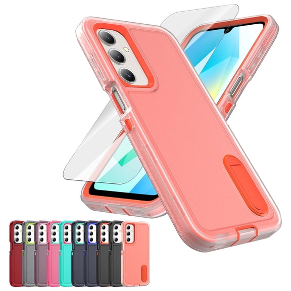 Decase 3-in-1 Shockproof Case for Samsung Galaxy A16 5G,3-Layer Heavy Duty Anti-Scratch Hard Case,Rugged Kickstand Cover with Tempered Glass Flim,Clear Orange