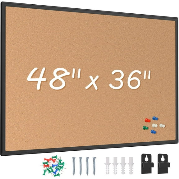 Large wall mount bulletin board 48 x 36, black aluminum frame 4x3 cork board, includes 18 push pins