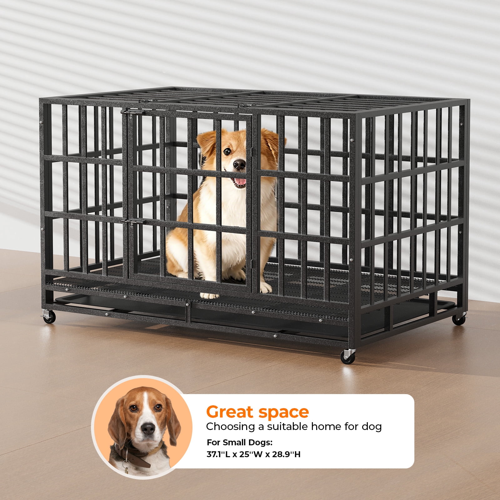 Ironovahome 38" Heavy Duty Dog Crate for Small Dogs, Indestructible Chew-Proof Escape-Proof Steel Dog Cage, Small Dog Kennel with Locking Wheels & Removable Tray for Indoor Use