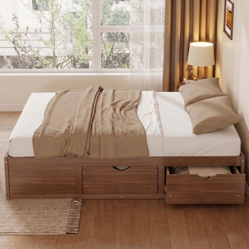 Queen/King Size No Box Spring Required Platform Bed with No Headboard, Wooden Storage Bed Frame with 6 Drawers
