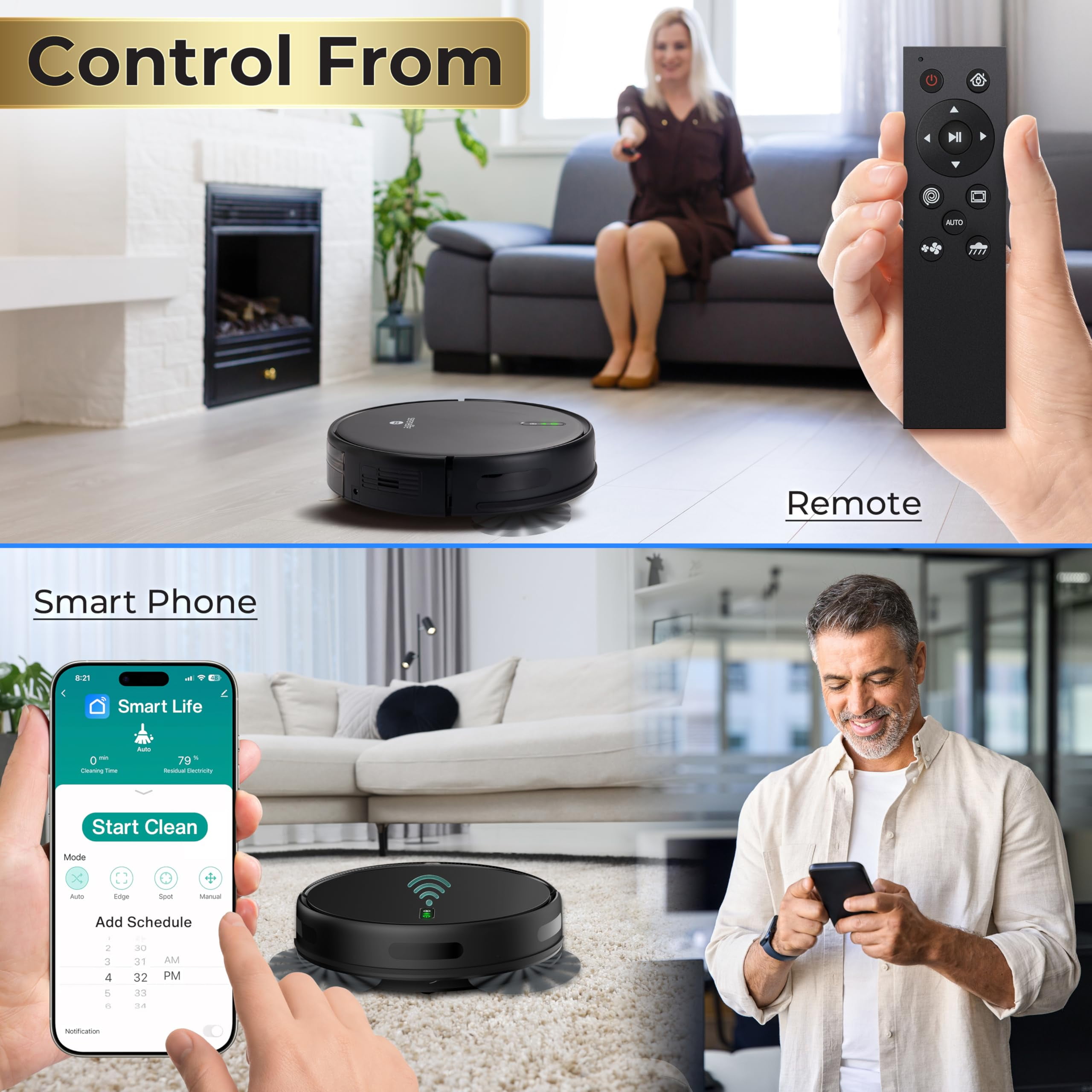 Smart Robot Vacuum and Mop Combo, 2000Pa Suction, App Control, 4 Cleaning Modes, Anti-Fall Sensors, Multi-Surface Cleaning, Self-Charging, Ideal for Pet Hair, Soft and Hard Floors, Black