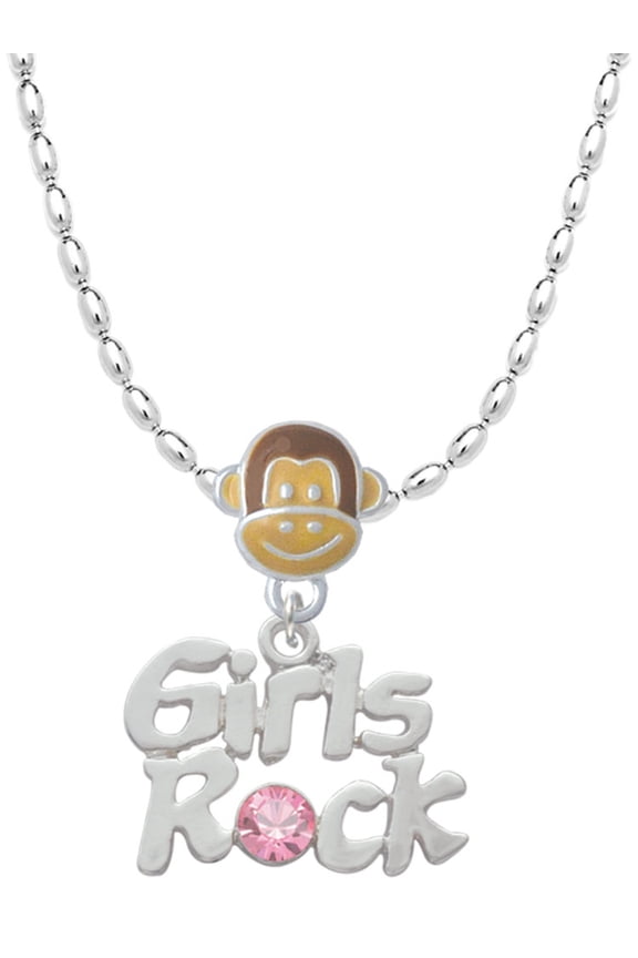 Silvertone Girls Rock with Light Pink Crystal Mia Monkey Charm Necklace