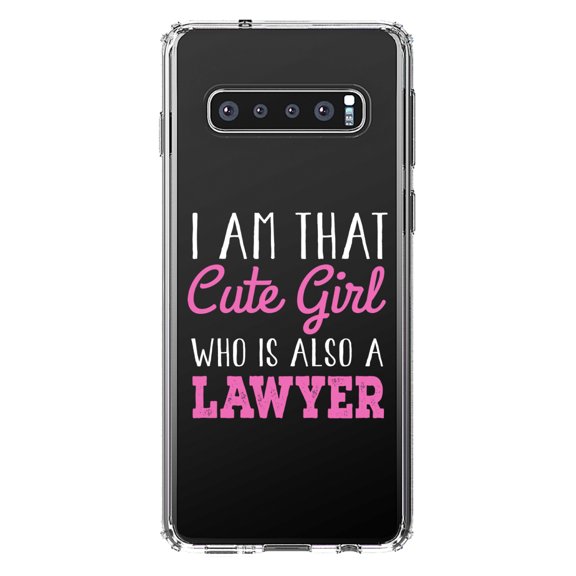 DistinctInk Clear Shockproof Hybrid Case for Samsung Galaxy S10 (6.1" Screen) - TPU Bumper Acrylic Back Tempered Glass Screen Protector - I Am That Cute Girl Who Is Also a Lawyer