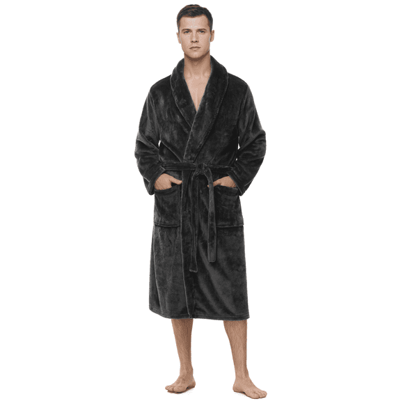 Enwphrey Men's Robe - Long Fleece Bathrobe with Belt, Soft Plush Fluffy, Warm & Cozy Robes for Men (Dark Grey,L-XL)