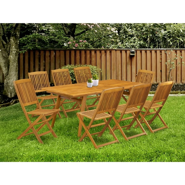 East West Furniture Decm9cwna 9 Piece Patio Table Set 8 Dining Chairs Slatted Back And Small Outdoor Rectangular Top With Wooden 4 Legs Natural Oil Finish Com Patio Dining Chairs Slatted, Small Wood Patio Table Set