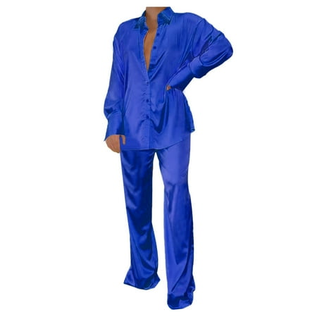 

Lisingtool Work Pants for Women Wide Leg Pants Satin Sets Women 2 Piece Outfits Casual Long Sleeve Button Down Shirt Pants Outfits Fashion Streetwear Pajamas Womens Pants Blue
