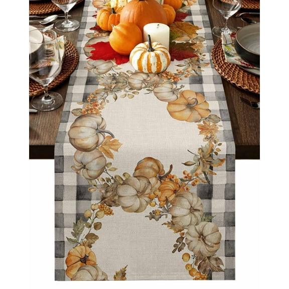 Table Runner Dresser Scarves 60 Inch Long,Fall Thanksgiving Pumpkin Maple Leaves Linen Dining Table Runners Autumn Harvest on Plaid Linen Tabletop Scarf for Wedding Holiday Party Kitchen