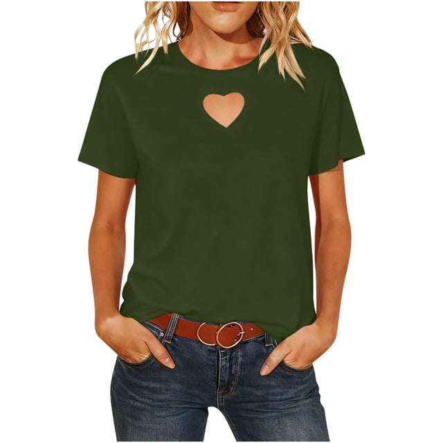 Basic Heart Cut Out Tee Short Sleeve Crewneck Top Hollow Out Detail Soft Cotton Relaxed Fit for Summer
