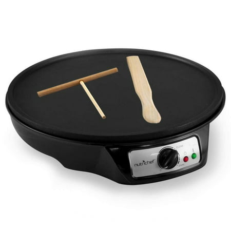 NutriChef Electric Griddle Crepe Maker - Nonstick 12 Inch Hot Plate Cooktop w/Adjustable Temperature Control - Includes Wooden Spatula Batter Spreader -