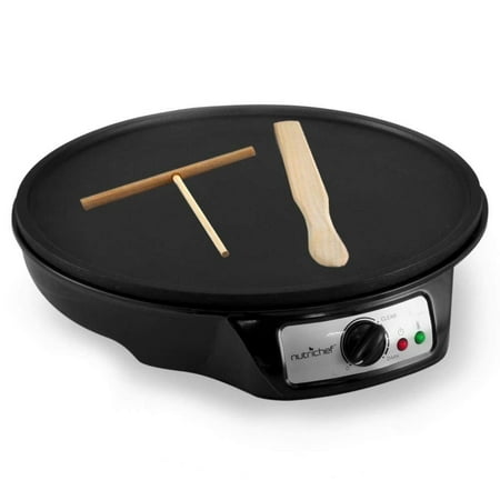 Electric Crepe Pans - NutriChef Electric Griddle Crepe Maker - Nonstick 12 Inch Hot Plate Cooktop w/Adjustable Temperature Control - Includes Wooden Spatula Batter Spreader - AZPCRM12