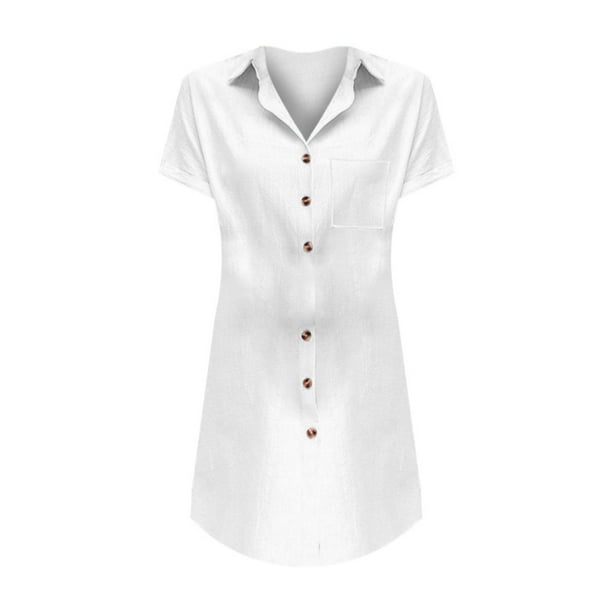 SEMIMAY 2023 Women's Long Button Shirt Short Sleeve Linen Shirt Dress Summer Beach Cover Up