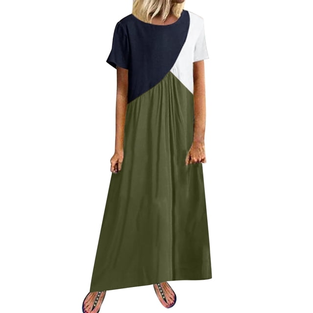 B91xZ Robe Tunique d'Été pour Femmes Manches Courtes Col Rond Ligne A Plissée Longueur Genou Robe Tunique, Vert m