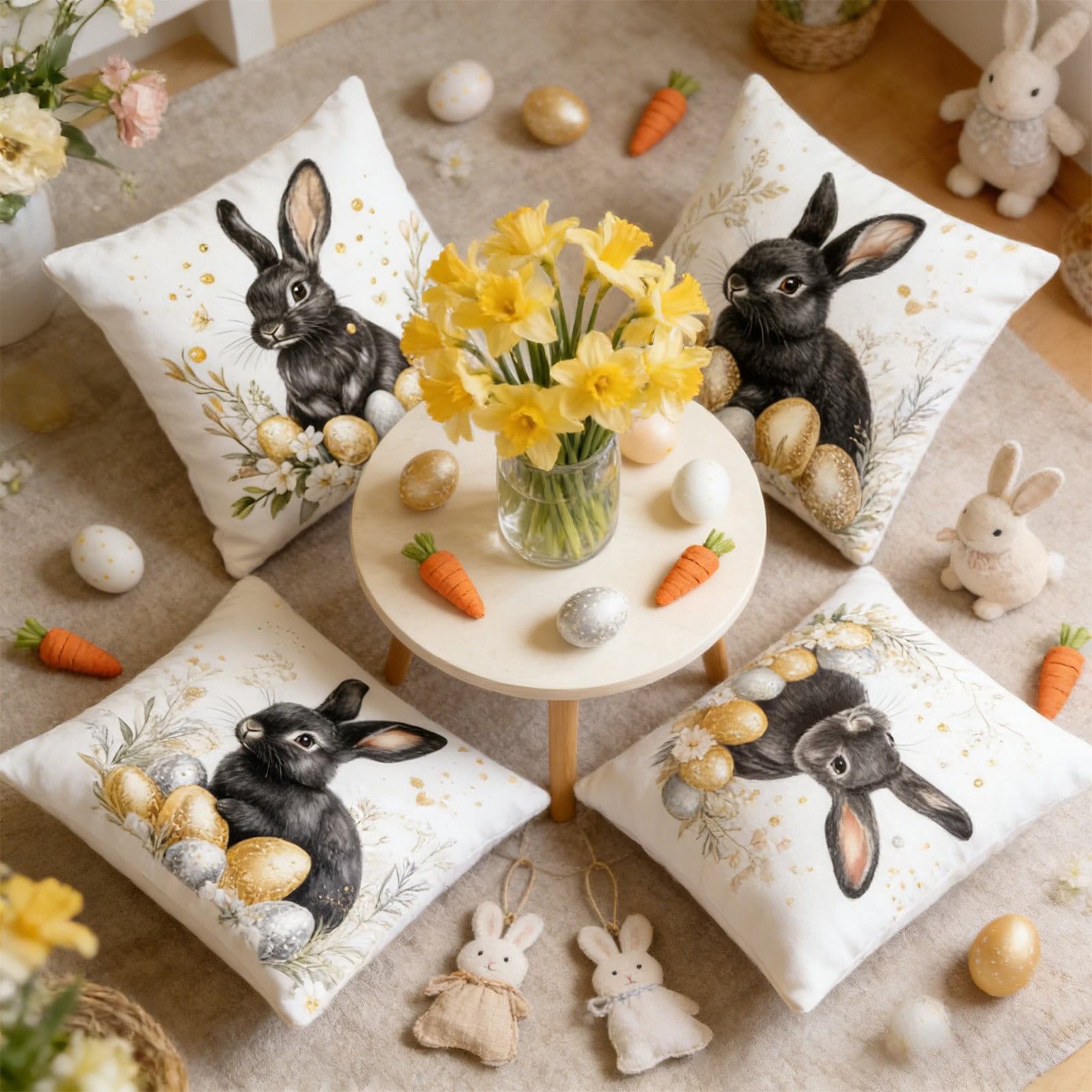 Set of 4 Easter Pillow Covers 18x18 Inches, Easter Bunny and Egg Patterns Soft Flannel Decorative Throw Pillow Covers for Sofa Couch Spring Home Decor
