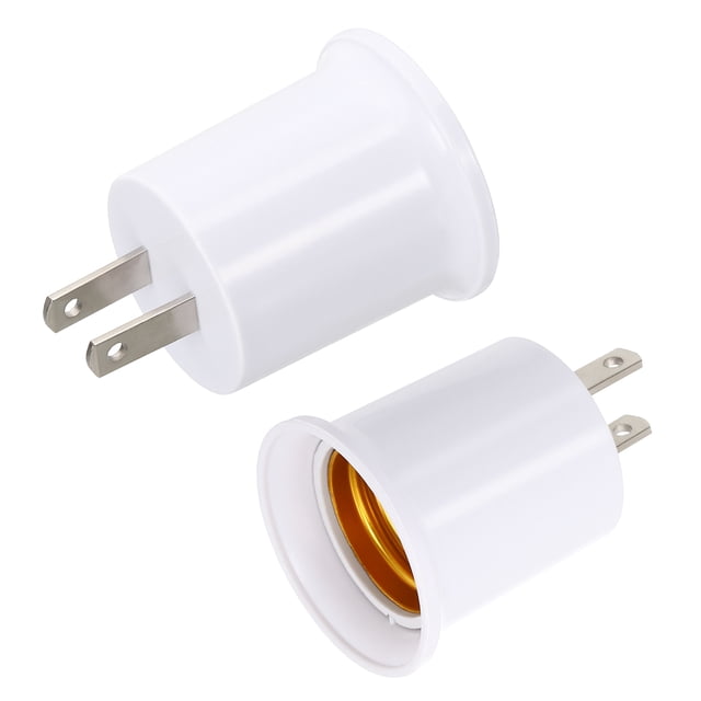 Uxcell E26/E27 Outlet to Lamp Socket Adapter, 2pcs shown in a close-up view. The adapters feature a white PBT shell with full copper contacts and a polarized 2-prong plug design. The screw base is compatible with E26/E27 light bulbs, ideal for converting outlets into lamp holders for residential or commercial use. Suitable for electrical accessories in home improvement projects.