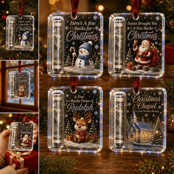 Christmas Cash Gift Tree Ornaments, 4 Pack Clear Acrylic Money Holders for Cash with Rolled Bill Slot and Hanging Ribbon, Xmas Tree Decor