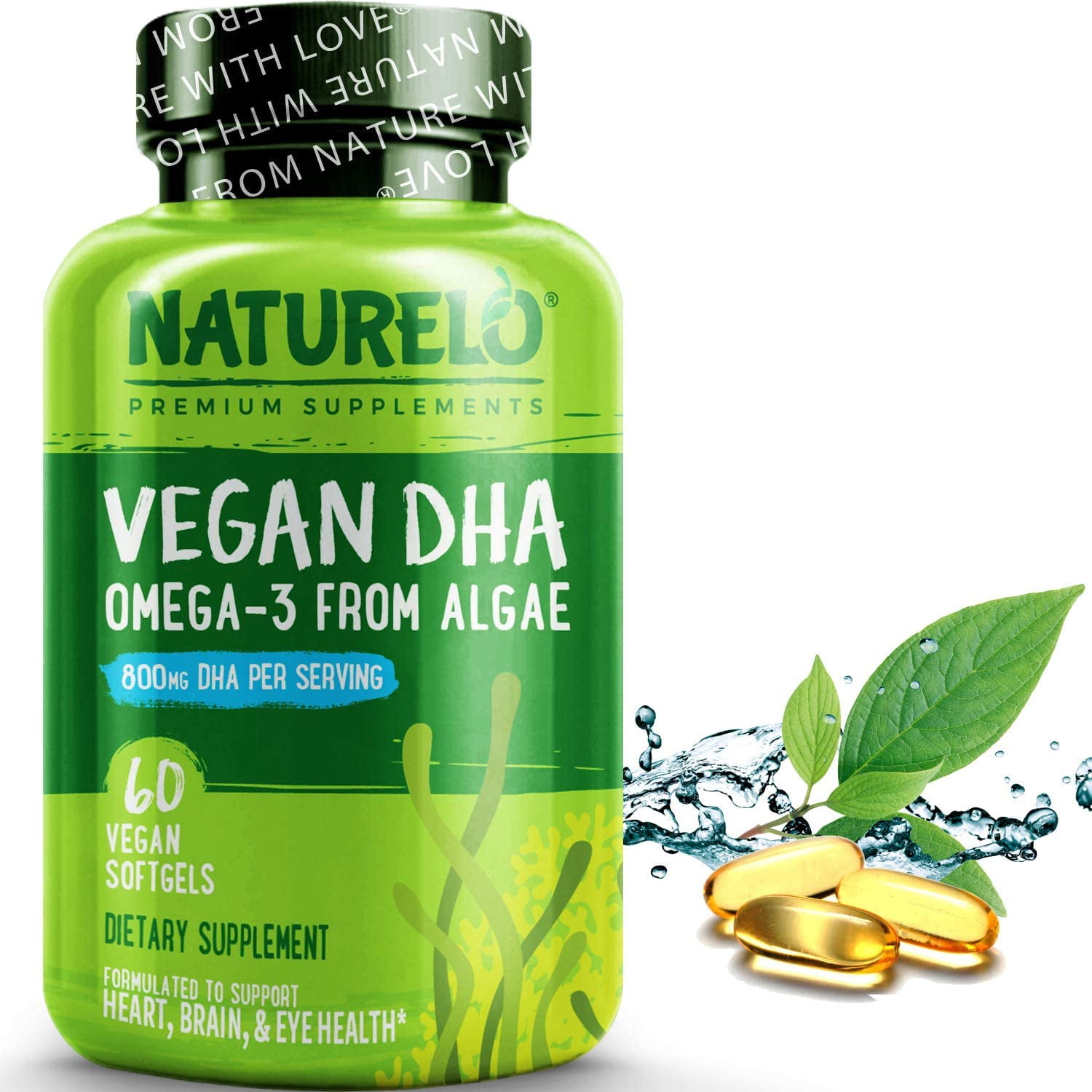 NATURELO Vegan DHA Omega 3 Oil from Algae Supplement for Brain