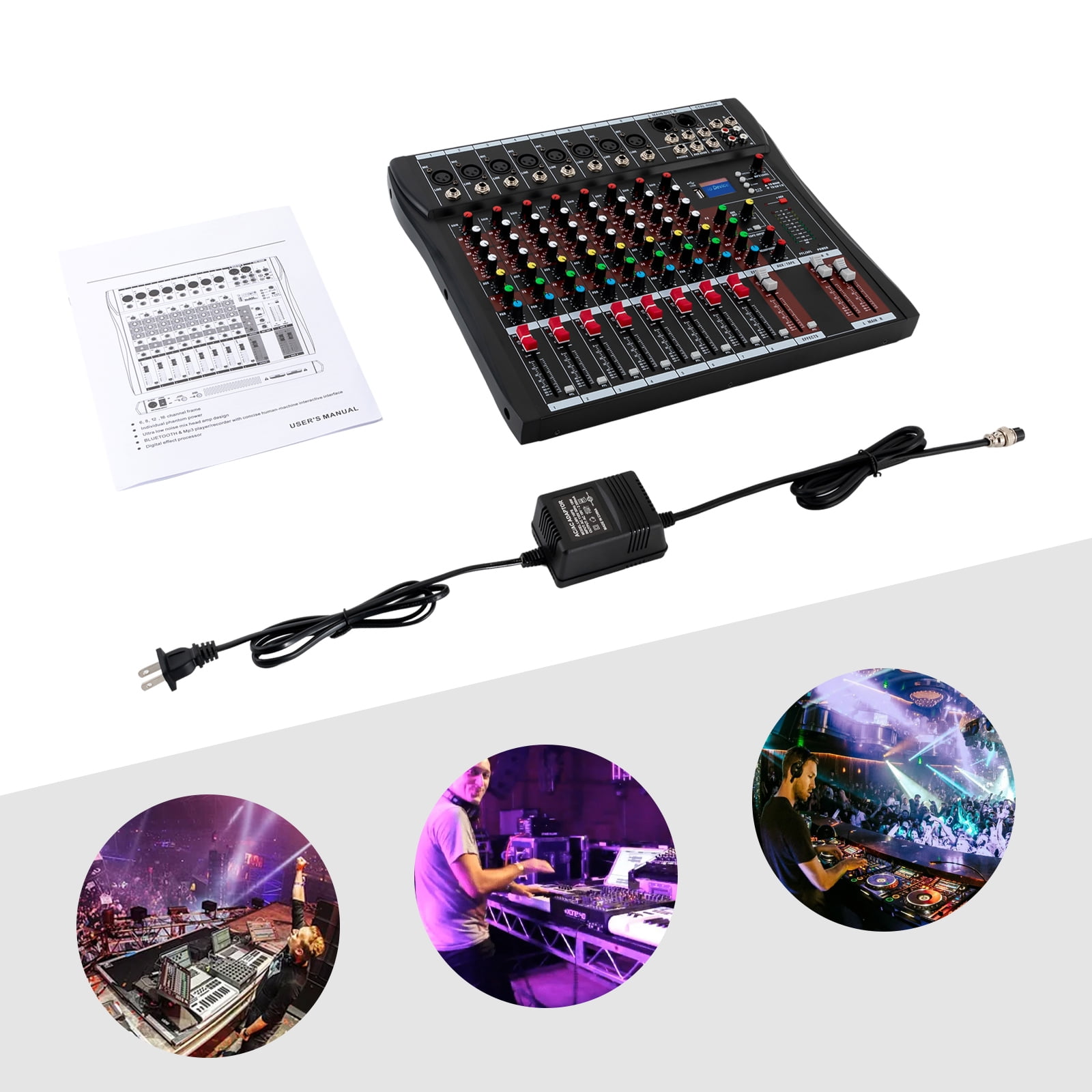 Professional Audio Mixer with 8 Mic Inputs, 3-Band Equalizer, 6 Built-in Music Styles, Real-time Monitoring, Ideal for Sound Customization