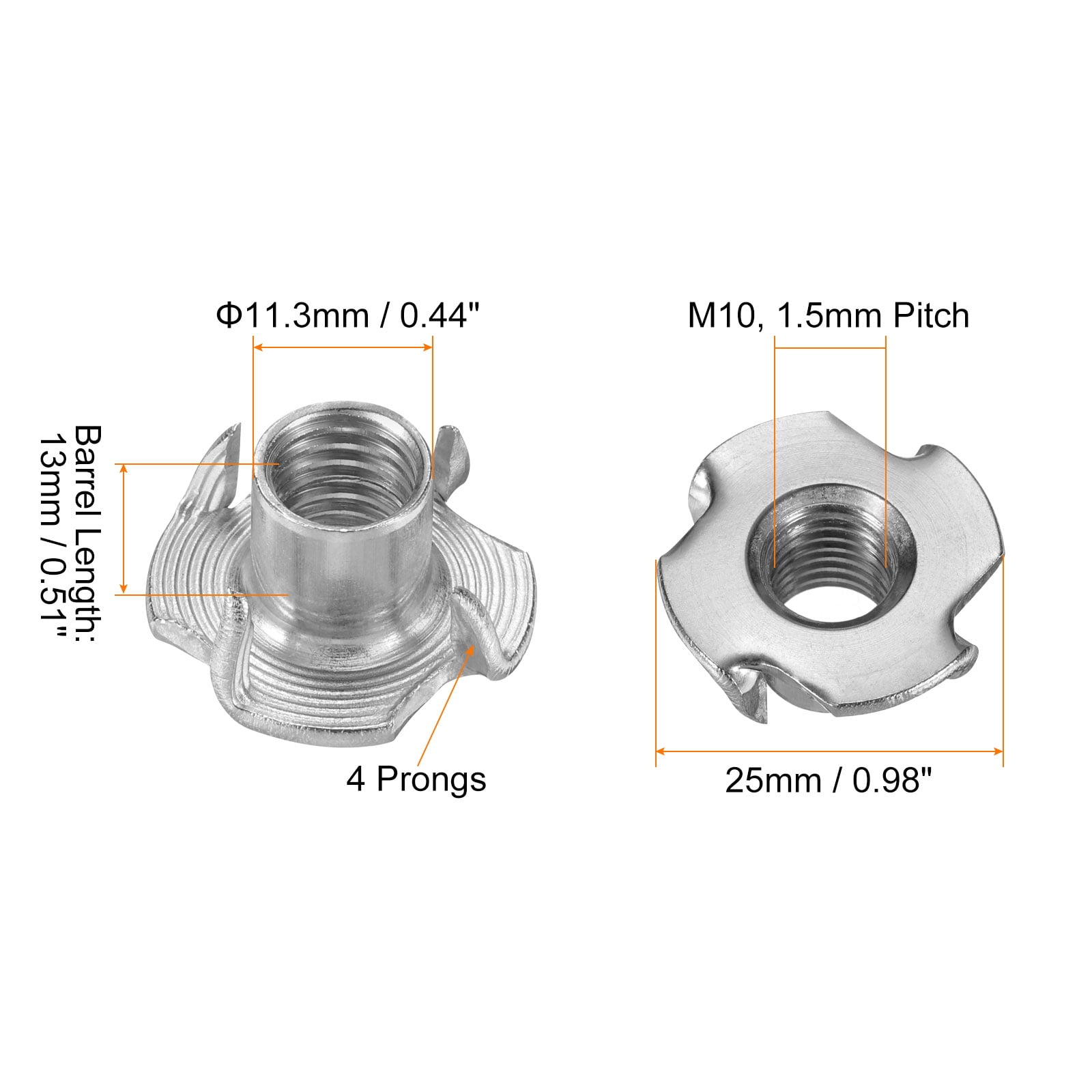 M10x13mm T-Nuts 4 Pronged Tee Nut 304 Stainless Steel Threaded Inserts for Wood 25packs