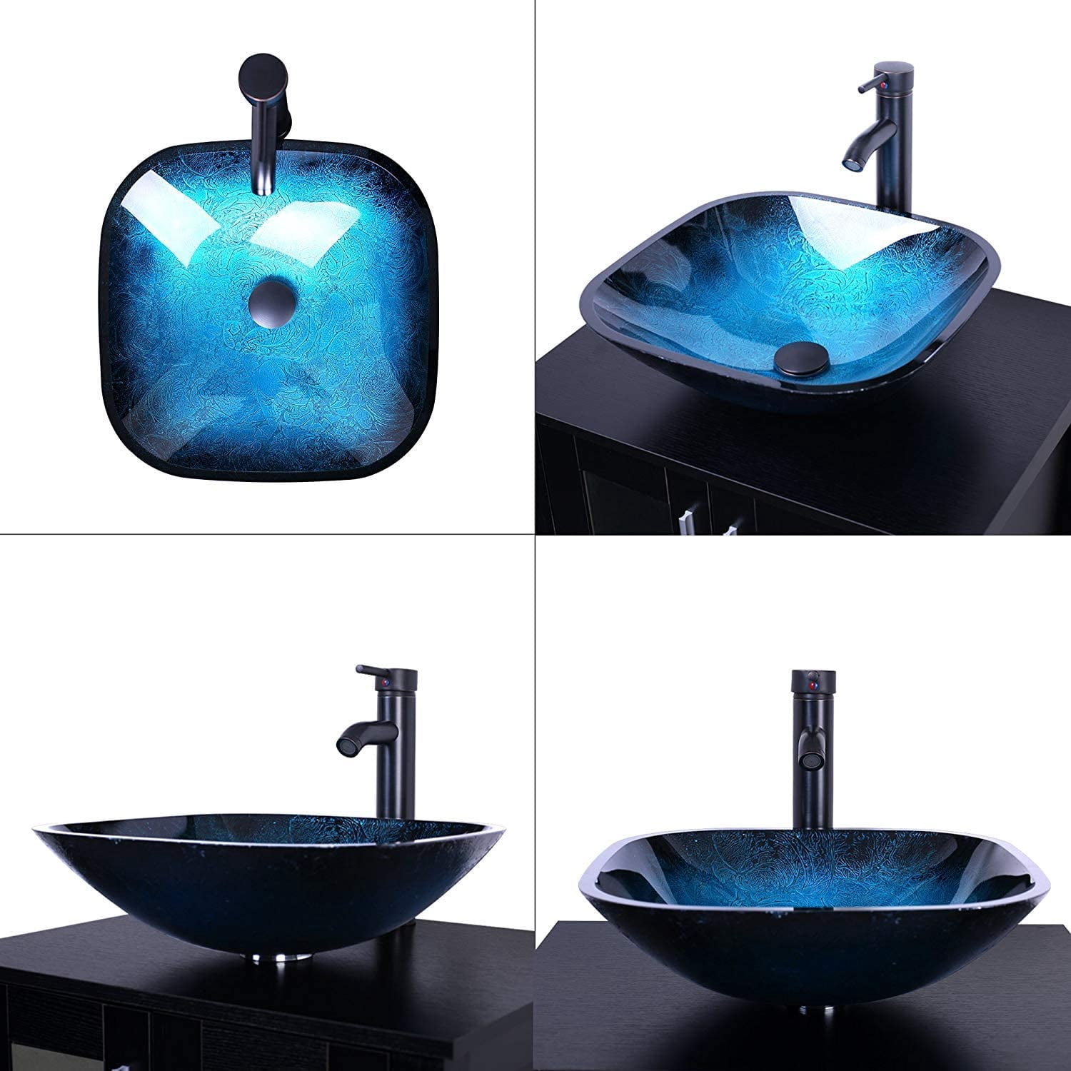 Eclife 24" Farmhouse Bathroom Vanity with Rustic Brown Wood Top,Blue Glass Sink, Water Save Faucet,Solid Brass Pop Up Drain