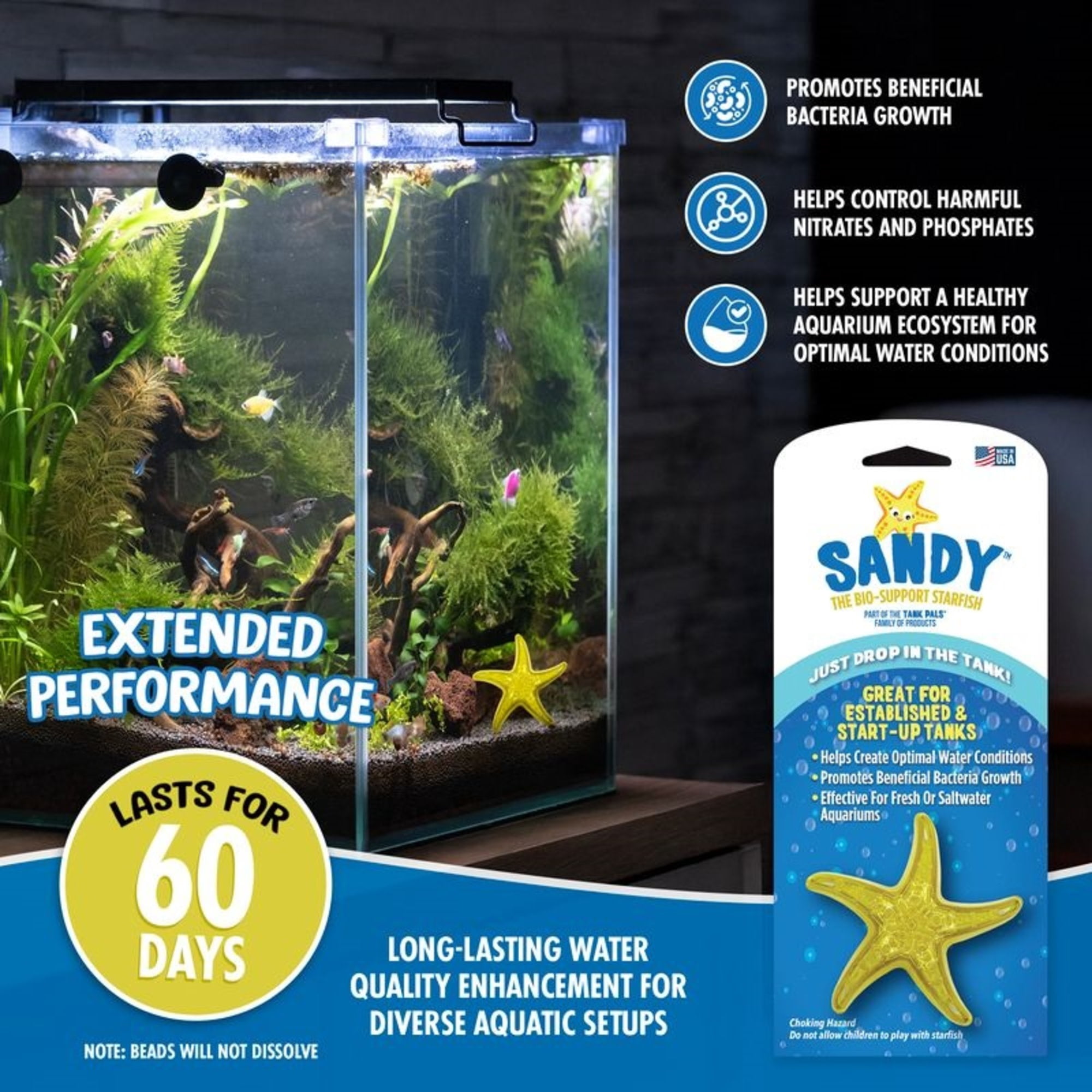 Tank Pals: Sandy The Bio-Support Starfish - 3 Pack, Yellow- Promotes A Healthy Balanced Aquarium Ecosystem, Probiotic Growth, Tank Environment Control