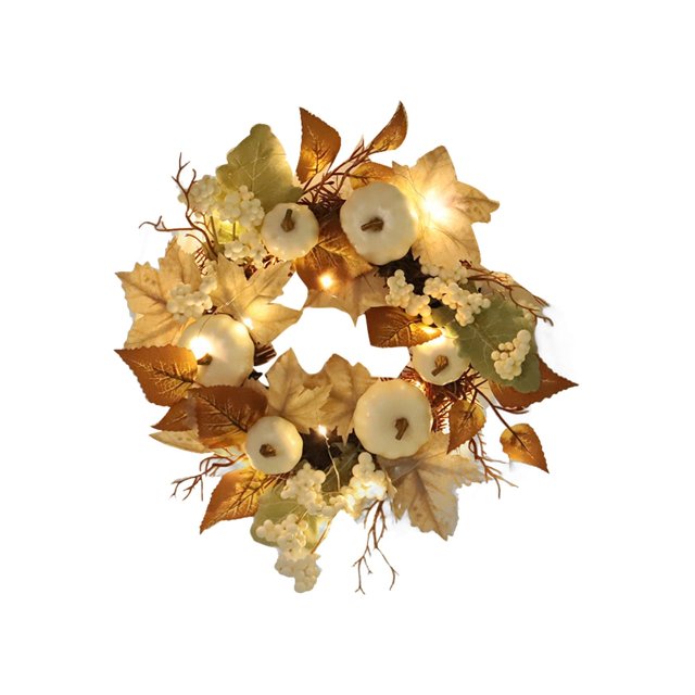 Corona de Halloween con hojas de arce y bayas, corona de calabaza blanca, adornos decorativos de granja para festivales, colgante para puerta de entrada de granja, corona decorativa, coronas de otoño