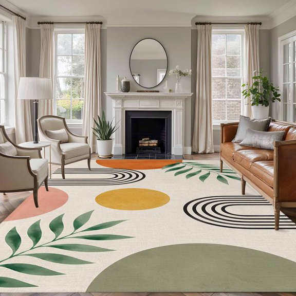 Boho Sun Discs 5'x7' Area Rug, Green Leaves Middle Century Abstract Vintage Washable Non-Slip Soft Rugs, Low-Pile Large Carpet for Living Room Bedroom Dining Room, Non-Shedding Accent Rug