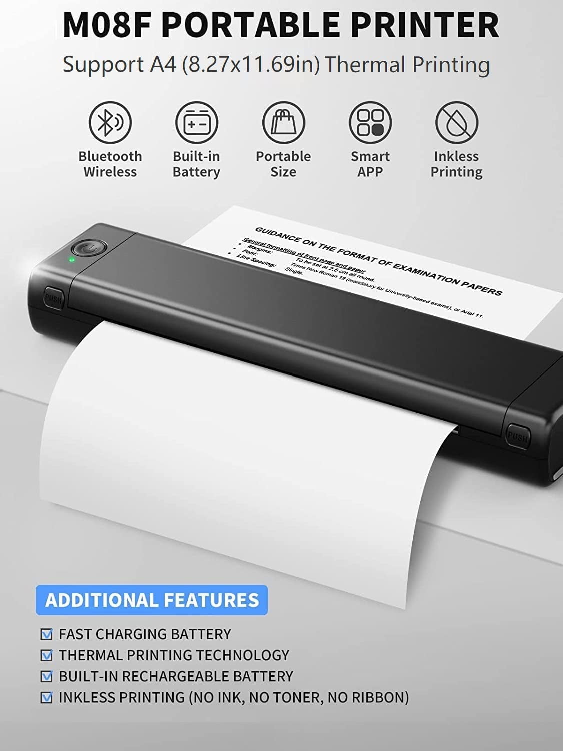 Phomemo M08F Portable Printer Wireless Thermal Printer for Travel, Support 8.5" X 11" Thermal Paper, Bluetooth Inkless Printer Compatible with Android iOS Phone & Laptop（Black）