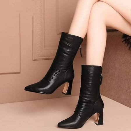 

Women‘s Block Heel Mid Calf Boots Fashion Back Zipper Pointed Toe Shoes High Heeled Boots