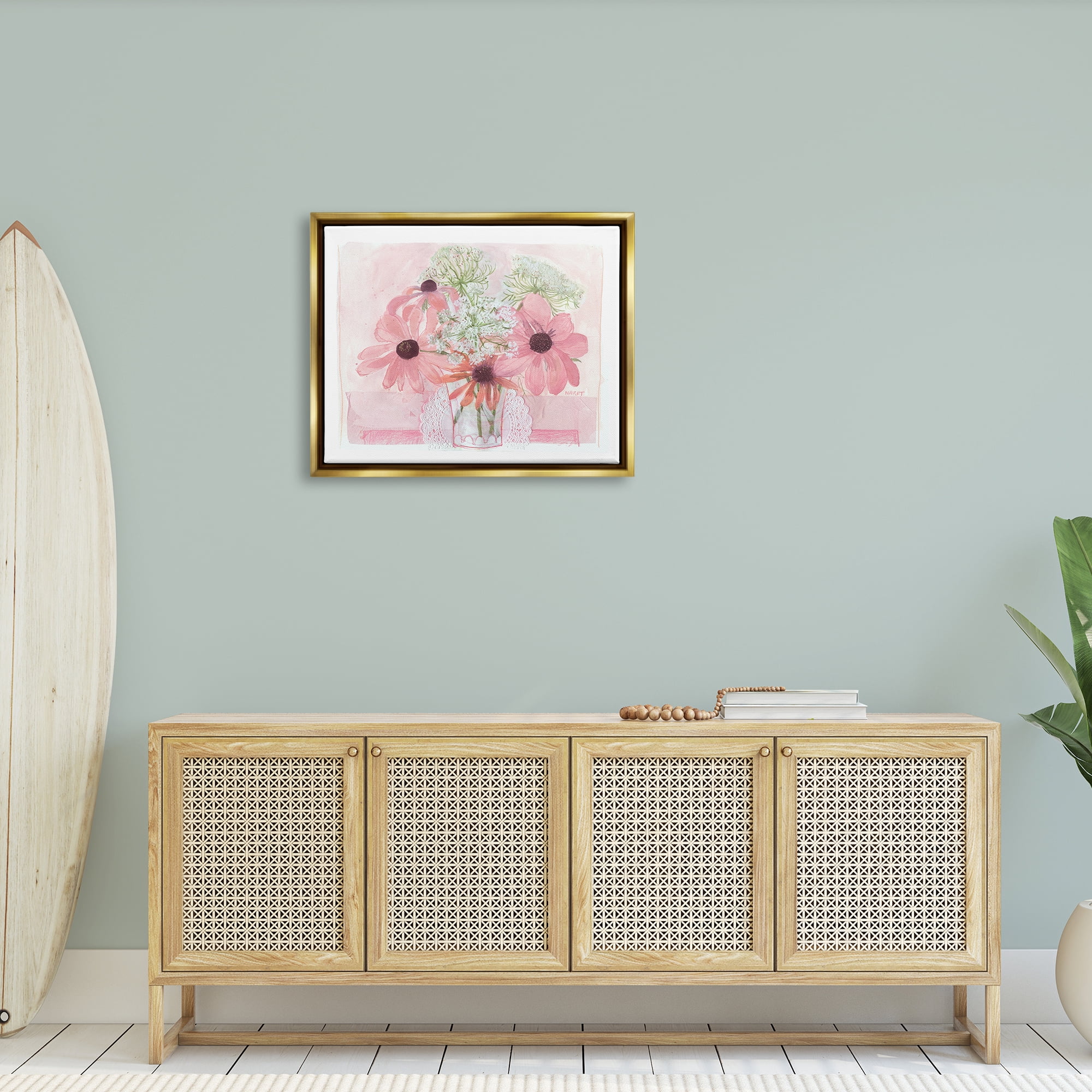 Stupell Industries Delicate Pink Flower Blossoms Bouquet Doily Vase Graphic Art Metallic Gold Floating Framed Canvas Print Wall Art, Design by unknown