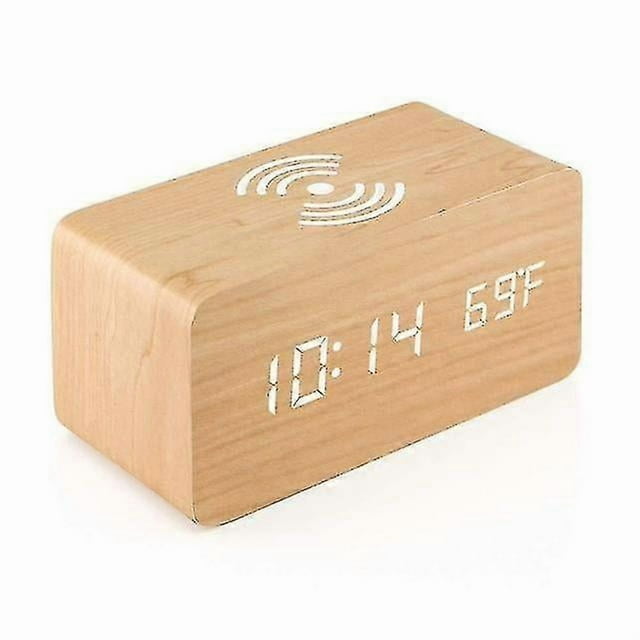Wooden Digital Alarm Clock (bamboo) With Wireless Charging, Adjustable Brightness Dimmer And Alarm Volume