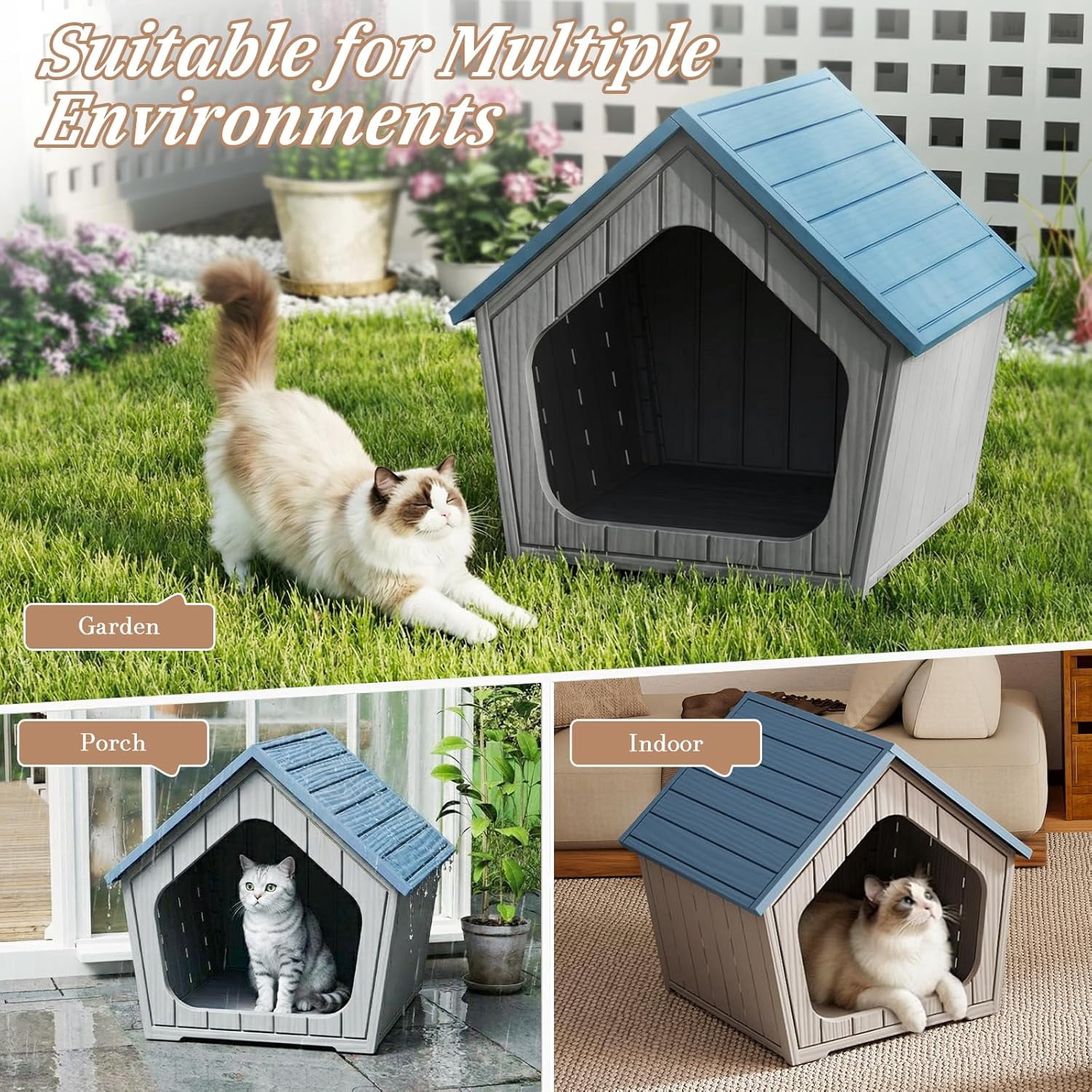 GMNIUOutdoor Cat House for Outside Indoor Use, Weatherproof Resin Outdoor Cat Shelter for Small, Medium, Large Cats, Easy Assembly(Blue)