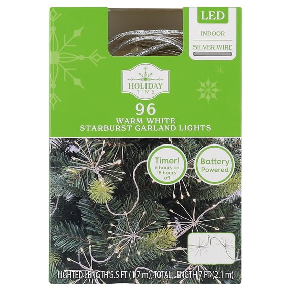 Indoor 96-Count Battery-Operated LED Starburst Christmas Garland Lights, Warm White, Silver Wire, 5.5', by Holiday Time