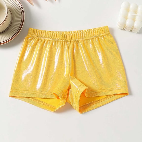 Girls' Solid Color High-Waist Bike Shorts with Glitter Foil Print, Elastic Waist Athletic Shorts, Ideal for Gymnastics, Dance and Casual Wear 2-11 Years Yellow 7-8Years