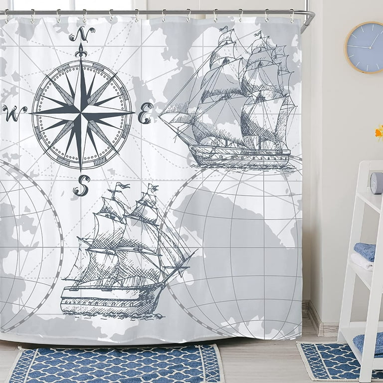 Newhomestyle Nautical Sailboat Map Shower Curtain,Fabric Polyester  Waterproof Fabric with 12 Pack Hooks 72x72in 