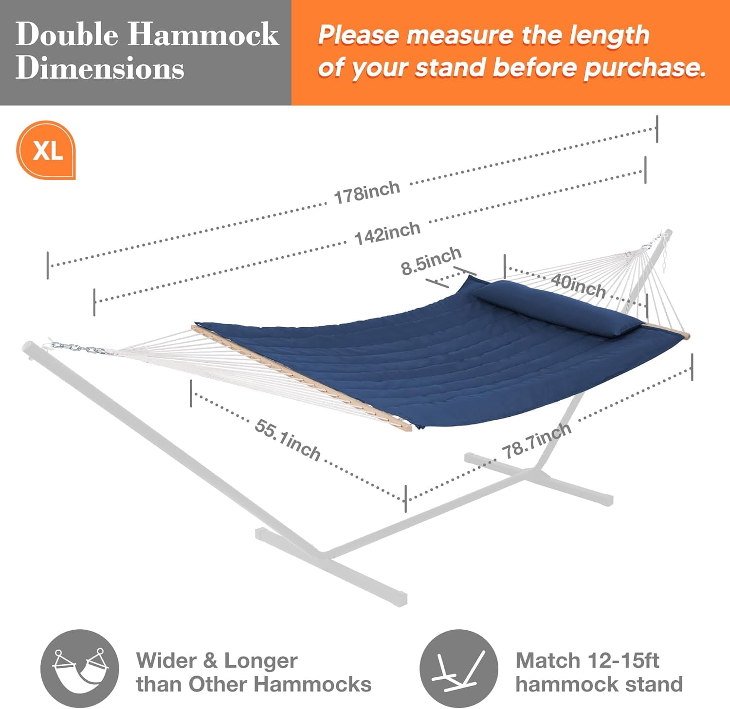 SUNCREAT Hammocks Outdoor Double Hammock with Hardwood Spreader Bar, 475 lbs Capacity, Heavy Duty 15 FT Hammock with Large Soft Pillow, Dark Blue