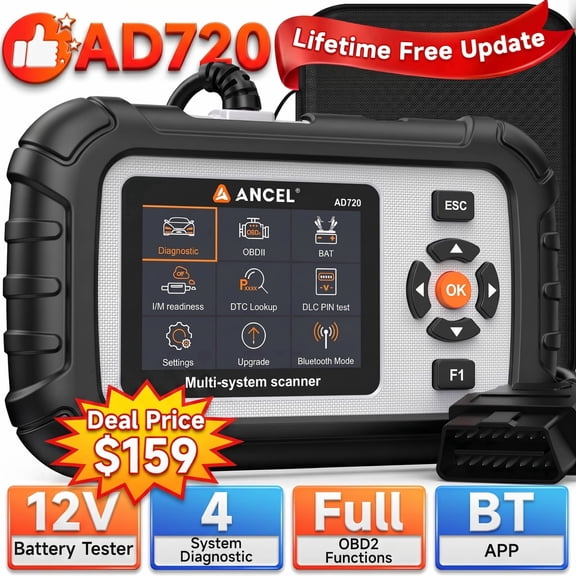 ANCEL AD720 4 System OBD2 Scanner 12V Battery Tester Car Diagnostic Tool Check Engine ABS SRS Transmission Code Reader, WIFI Lifetime Free Update