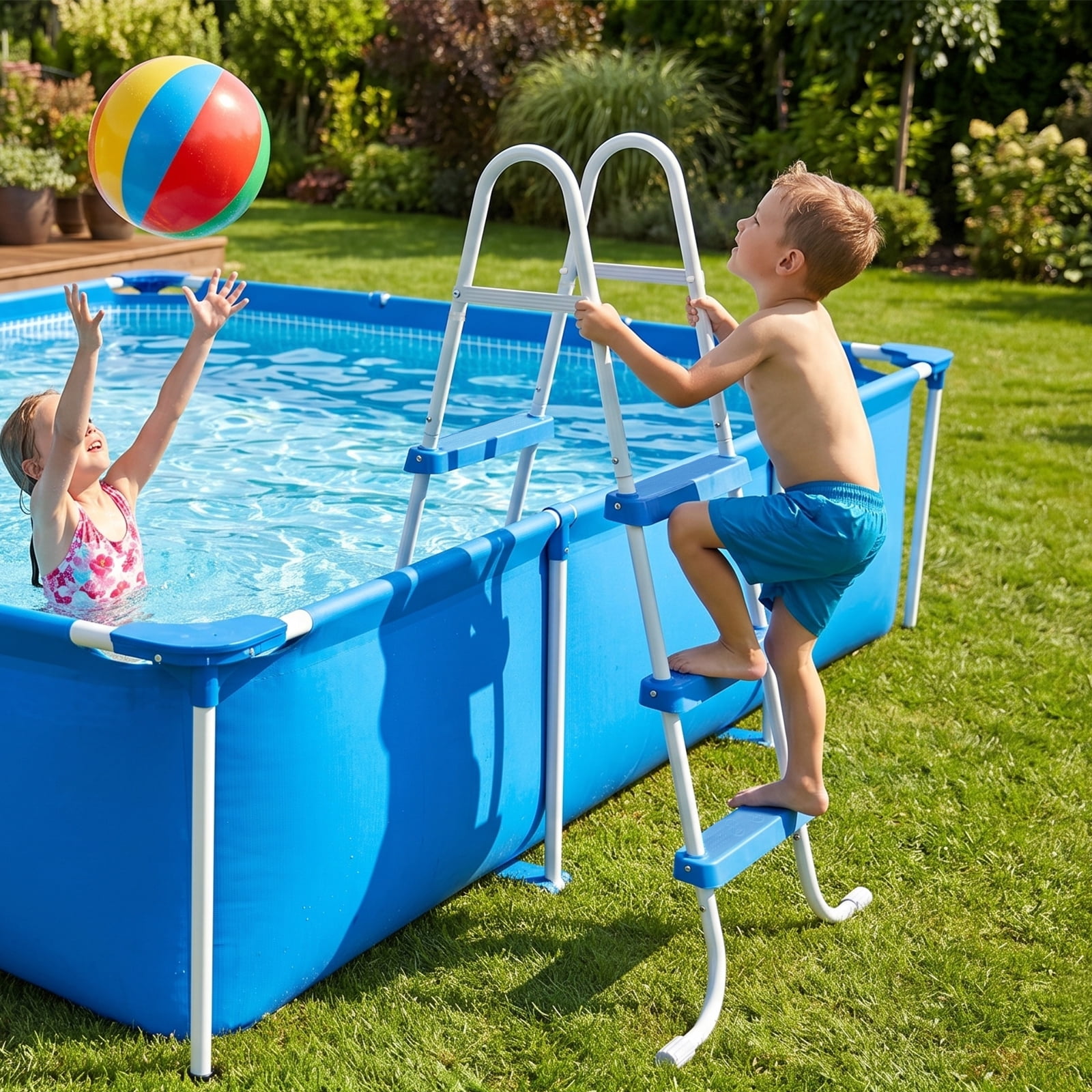 42in 3-Step Iron Pool Ladder, White Frame + Blue Steps