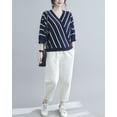 thumbnail image 5 of Women 3/4 Sleeves Summer Casual Stripes V-Neck Pullover Knit T-Shirt GA2282 Blue, 5 of 5