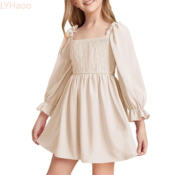 LYHaoo Girl Summer New Skirt Long Sleeved Ruffled Skirt High Waist Dress For Girls,Girls Floral Dresses Sizes 18-24 Months Beige