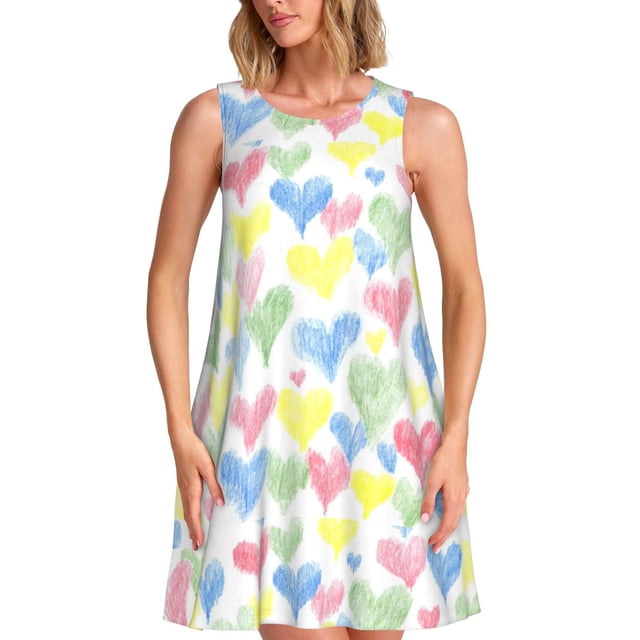Fotbe Hand Drawn Colored Hearts Vestido de Verano sin Mangas para Mujer – Vestido Midi Línea A, Estilo Camiseta Floral, Vestido Playero Casual y Fluido