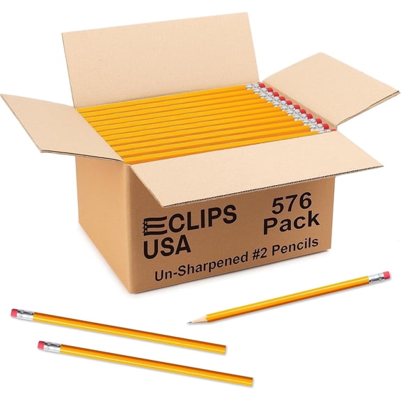 E-Clips USA Graphite Pencils, Unsharpened Drawing Pencils with Erasers, 576 Bulk Pack