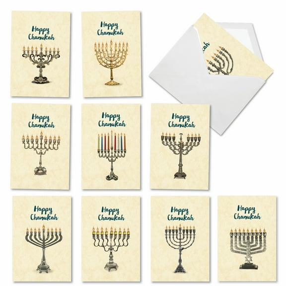 10 Assorted Set Chanukah Greeting Cards - Hanukkiahs - Variety of Antique Gold, Pewter, Silver, and Iron Menorahs