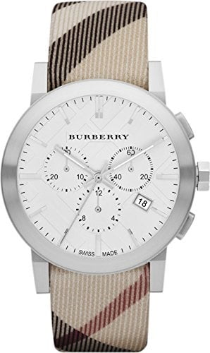 Burberry Unisex Men Women Watch The City SWISS LUXURY Round Stainless Steel Chronograph White Date Dial Nova Check Fabric (Authentic Leather Backed) Band 42mm BU9357