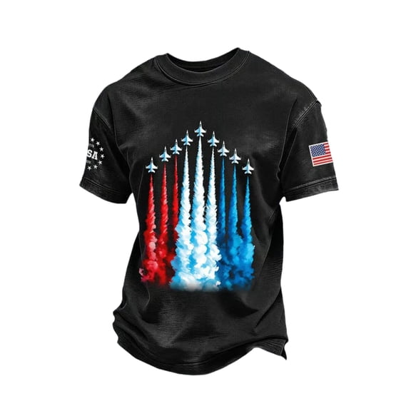 Rggeeun Men'S T-Shirt Liberty Planes Graphic With Us National Flag Short Sleeve Crew Neck For 4th Of July Independence Day Picnic In The Park Patriotic Style Tee,Black,L
