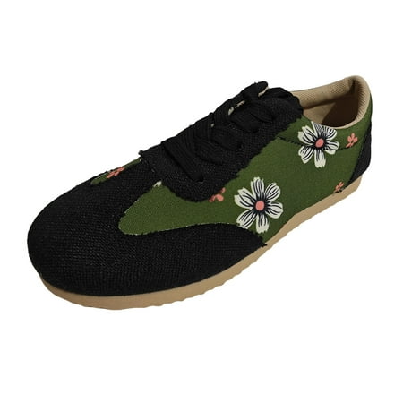 

Quealent Adult Women Fashion Sneakers Sneaker Ball Dress for Women Ladies Fashion Floral Printed Fabric Patchwork Lace Up Flat Sneaker for Women Size 9 Green 7