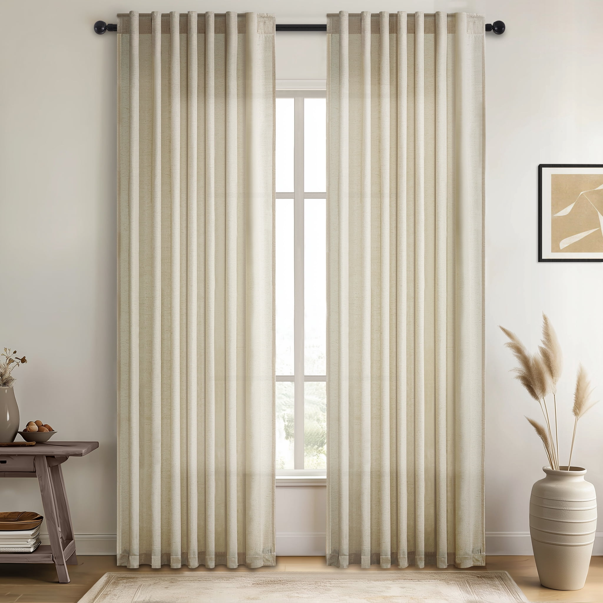 Jainmy Linen Semi Sheer Curtains 90 Inches Long 2 Panels Set, Light Filtering Farmhouse Curtain Drapes for Living Room Bedroom,52"x90",Natural Linen