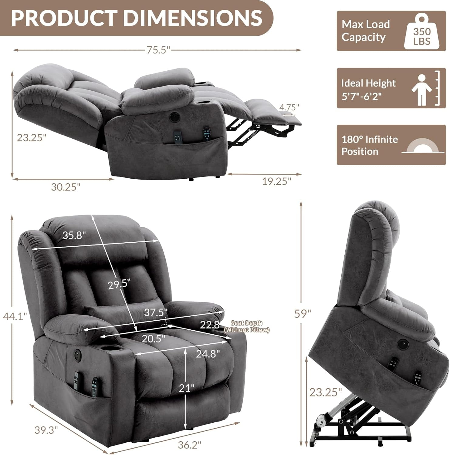 EPICOZY Oversized Dual Motor Power Lift Recliner Chair with Extended Footrest for Big tall Man, Lay Flat Sleeper Electric Recliner with Massage and Heat, Lumbar Pillow, USB & Type-C Port, Gray