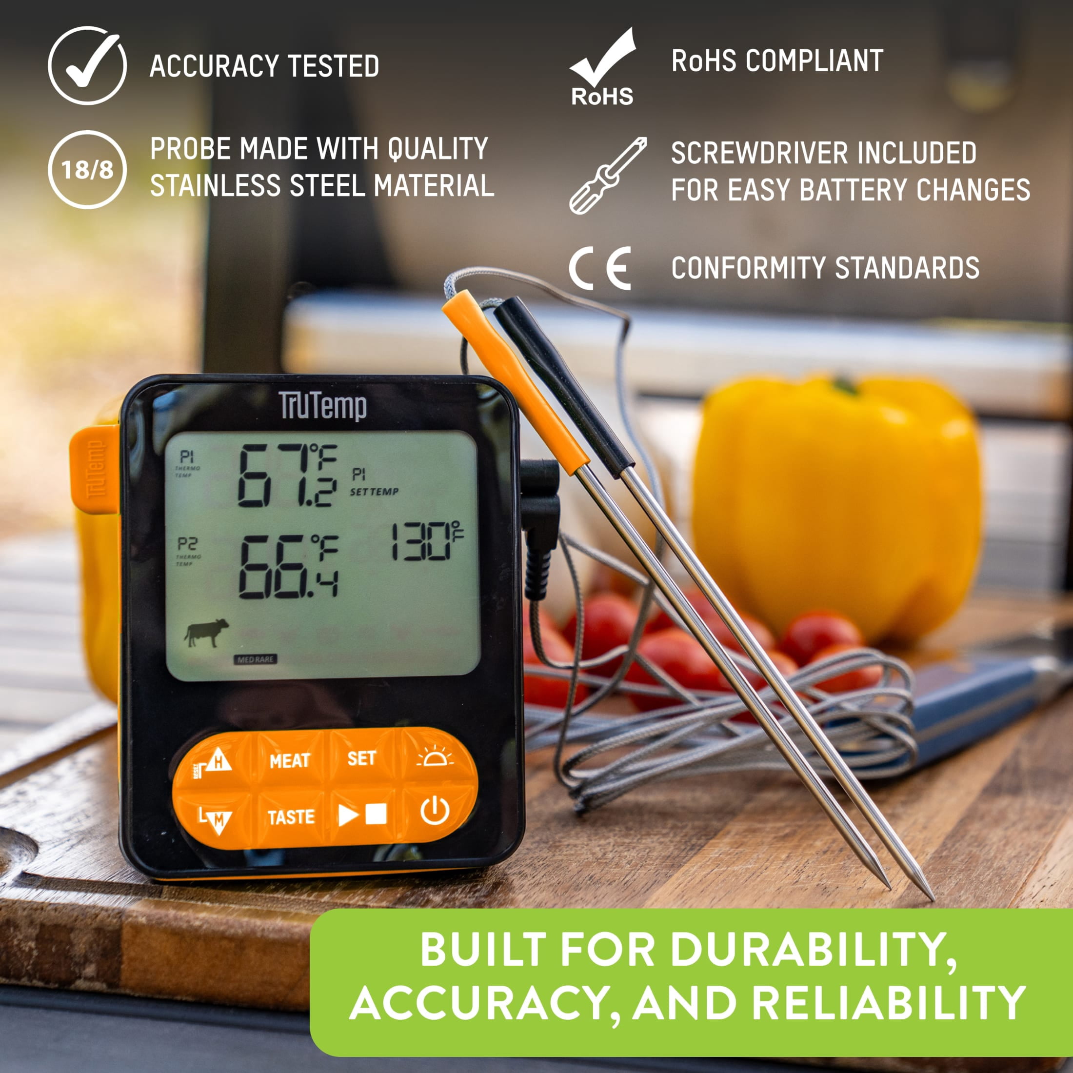 TruTemp Digital Dual Probe Programmable Meat Thermometer for Grilling, Smoking, & Cooking, Orange
