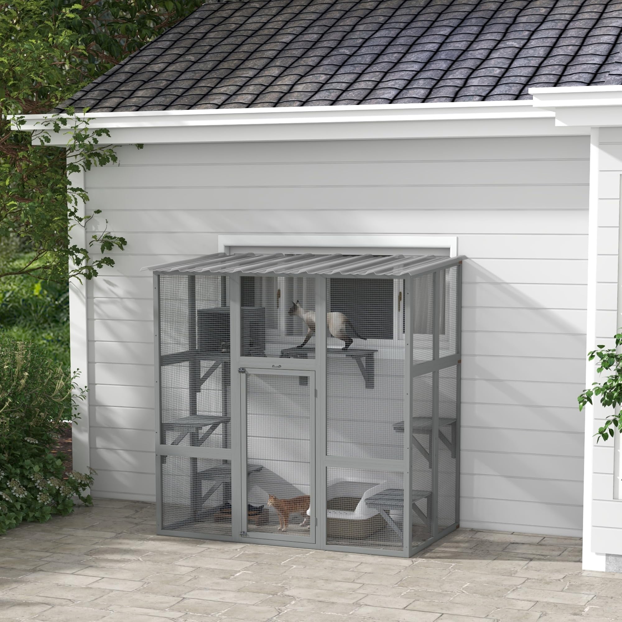 Large Outdoor Cat Enclosure for Indoor Cats, Wooden Catio with Scratching Posts and Weatherproof Roof, Spacious Resting Area for 1-2 Cats, Gray, 68" x 35.5" x 70.5"