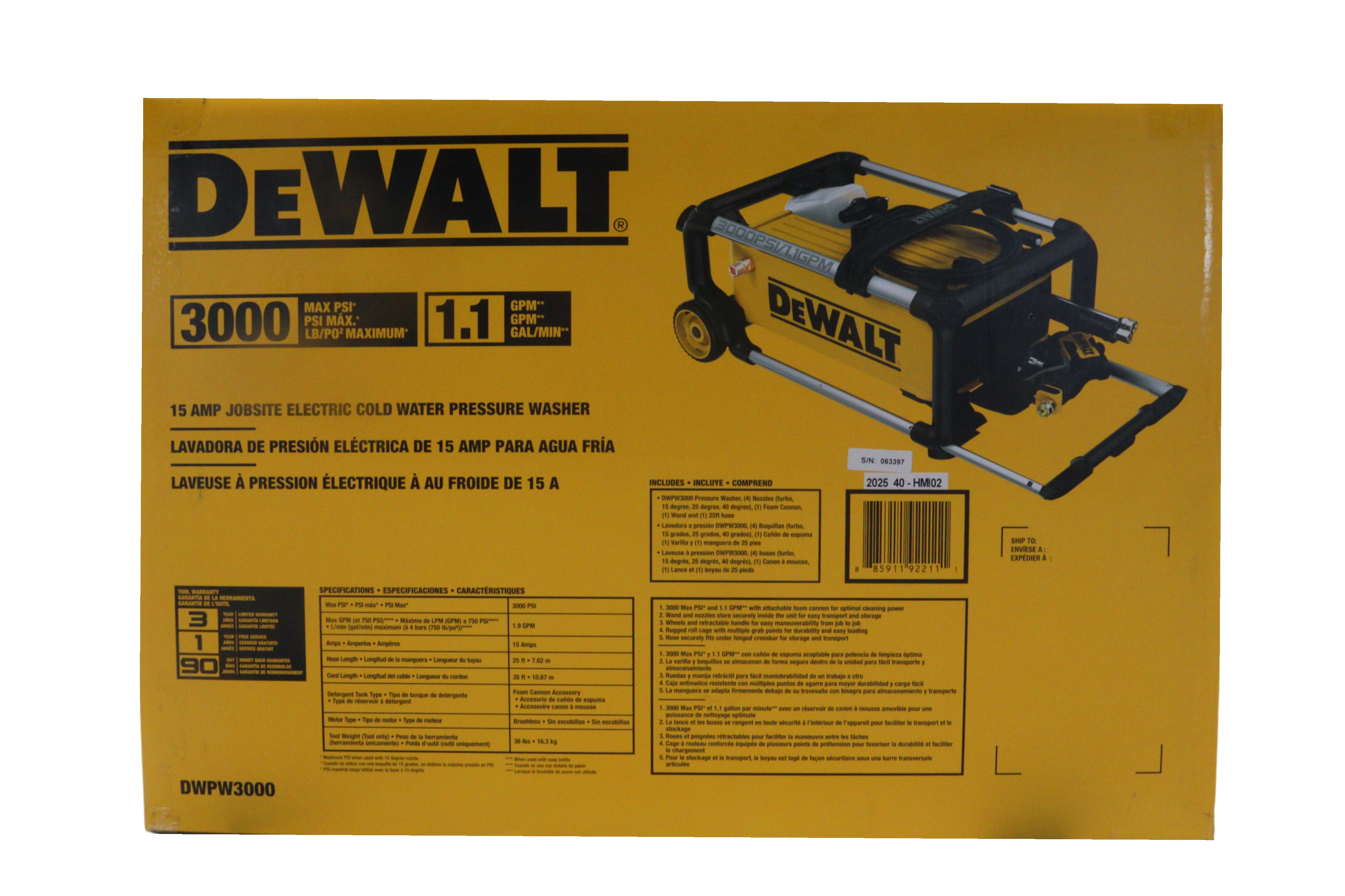 DEWALT 3000 PSI 1.1 GPM 15 Amp Cold Water Electric Pressure Washer with Internal Equipment Storage